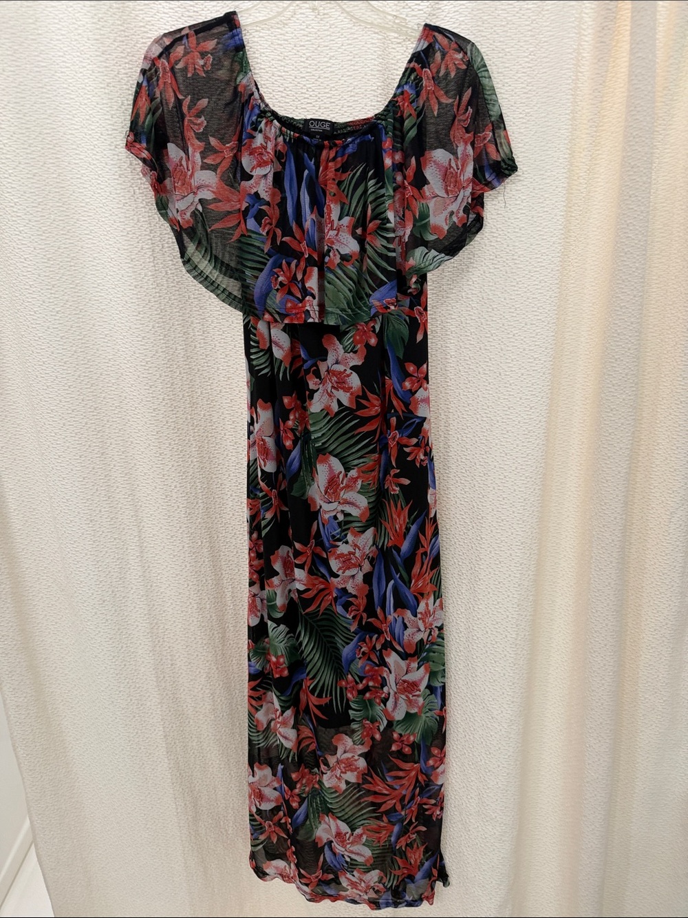 Rouge Maxi Dress Black Floral Print with Red, Green & Blue